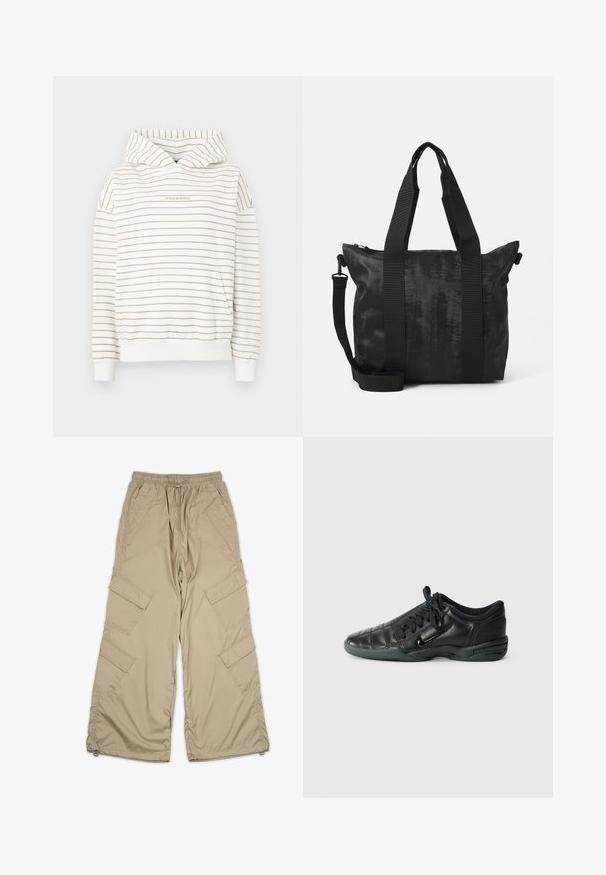 Sweatshirt riscada em creme e bege, com capuz com cordão, punhos canelados e um bolso canguru à frente. Texto "Pecador" bordado.; Calças cargo bege com cintura ajustável, múltiplos bolsos laterais e um corte descontraído. Feitas de um tecido leve e suave com detalhes de costura.; Sapatilha atlética em couro preto com um design acolchoado, bico arredondado, atilhos frontais e sola de borracha. Apresenta uma marcação discreta na lateral.; Bolsa tote preta com tecido texturizado, alças duplas na parte superior e uma alça de ombro destacável. Possui fecho com zipper para armazenamento seguro.