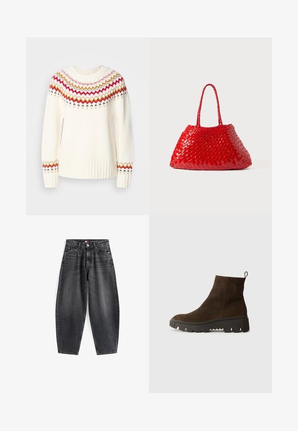 Pull crème avec un col et un ourlet côtelés. Présente un motif en zigzag coloré en rouge, doré et vert autour des épaules et des manches.; Jeans en denim noir taille haute avec une coupe décontractée, dotés de cinq poches, de passants de ceinture et d'une étiquette de brand sur la ceinture.; Bottine en suède marron avec une semelle en caoutchouc noir épaisse, dotée d'un léger talon et d'une anse à l'arrière pour un enfilage facile.; Sac à main tissé rouge avec finition brillante, doté de poignées tressées. Forme triangulaire distinctive et surface texturée avec un motif serré.