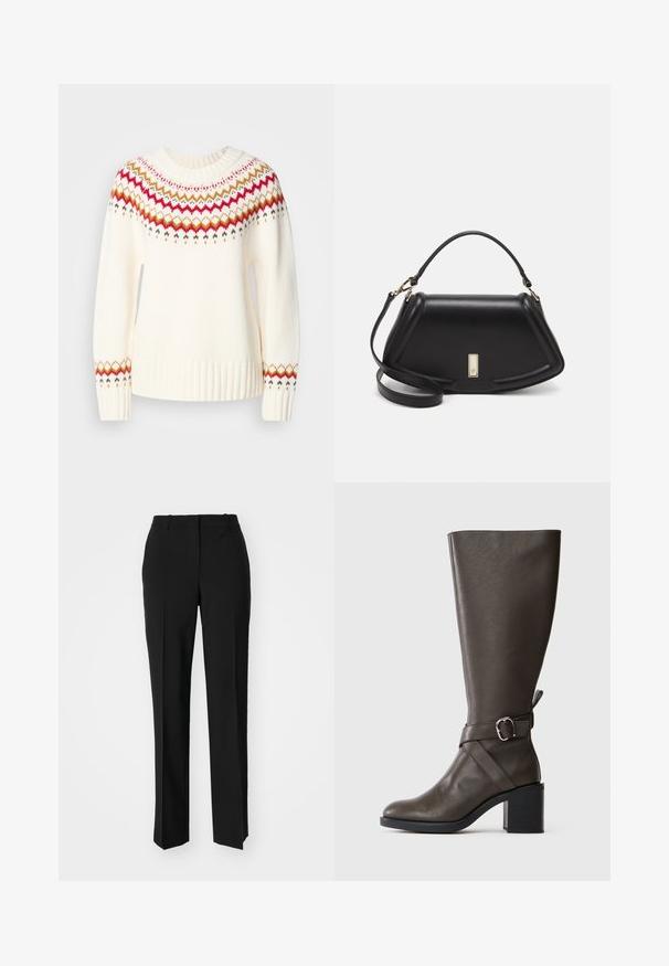 Crème trui met een ribbelboord aan de halslijn en onderkant. Kenmerkt zich door een kleurrijk zigzagpatroon in rood, goud en groen rond de schouders en mouwen.; Zwarte op maat gemaakte broek met een recht model, voorzien van een soepele textuur en scherpe plooien aan de voorkant. Geen zichtbare hardware.; Donkerbruine leren laars tot de knie met een middelhoge blokhak en een decoratieve riem met zilveren gesp rond de enkel.; Zwarte leren handtas met een gestructureerd ontwerp, featuring een verkorte vorm, bovenhandvat en gouden hardwareaccent. Inclusief verstelbare schouderband.