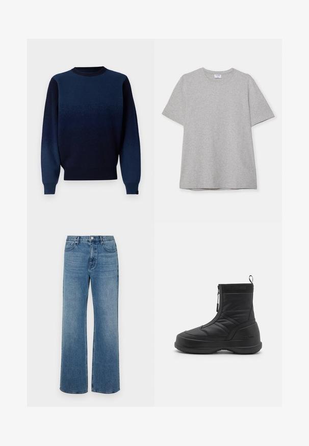 Marine gradient sweater i blødt strikstof, med rund halsudskæring, ribbede manchetter og kant. Farven overgår fra mørk til lysere marine.; Grå kortærmet T-shirt lavet af blødt, struktureret stof. Har en klassisk rund hals og en lige kant, velegnet til afslappet brug.; Bredde ben blå jeans lavet af denim med en falmet finish. Har fem lommer, en frontknaplukning og en lige pasform.; Sorte vandtætte sne boots med en glat syntetisk overdel, lynlås lukning, polstret krave og struktureret gummisål. Udsmykket med "MOON BOOT" branding.