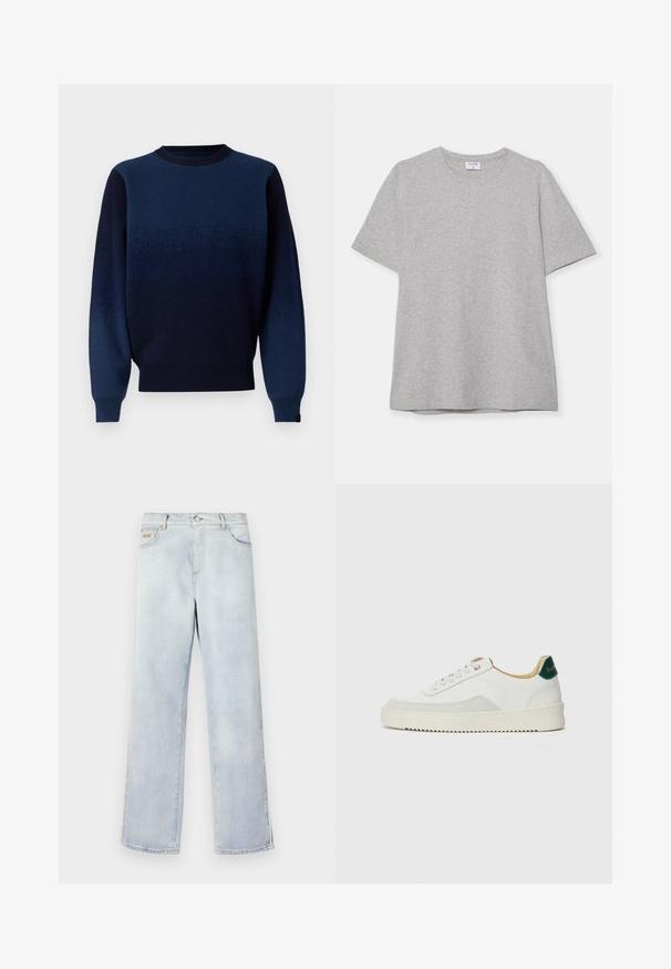 Navy gradient sweater in soft knit fabric, featuring a crew neckline, ribbed cuffs, and hem. Color transitions from dark to lighter navy.; Gray short-sleeve T-shirt made from soft, textured fabric. Features a classic crew neck and a straight hem, suitable for casual wear.; Light blue denim jeans with a straight leg design, featuring a button closure, five pockets, and contrast stitching.; White sneaker with suede accents, rounded toe, flat laces, and a cream rubber sole. Features green branding on the heel.