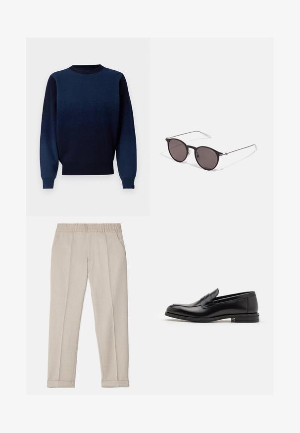 Maglione sfumato in blu navy in morbido tessuto a maglia, con scollo a girocollo, polsini e orlo a costine. La tonalità passa da un blu navy scuro a un blu navy più chiaro.; Filippa K TERRY CROPPED TROUSERS - Pantaloni - sage melange; Mocassini neri in pelle con una texture liscia, punta arrotondata e una striscia decorativa sulla tomaia. Tacco basso impilato, design minimalista.; Occhiali da sole neri rotondi con lenti scure e sottili bracci in metallo. Include punte trasparenti e accenti argentati alla cerniera. Design minimalista.