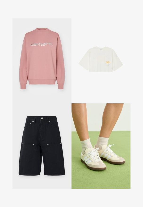 Roosa puuvillasegusest kangast dressipluus, millel on ümmargune kaelus ja soonikkuded varrukatel. Suur hõbedane "carhartt" logo rinnal.; Lühem valge puuvillane T-särk lühikeste varrukatega, millel on vasakul rinnal kollane palmitaim ja sinine laine graafika.; Mustat denim lühikesed püksid otse lõikega, millel on kaks eesmist taskut ja hõbedased detailid. Tekstureeritud kangas koos õmblusdetailidega.; Samba tossud kreemja ja beeži värvilahendusega, millel on kolm helesinist triipu, valged lõngad ja pruunid kummitaldad.