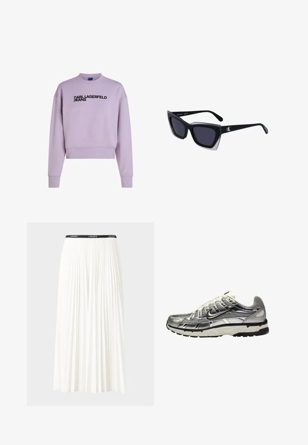 Sudadera lila con cuello redondo y diseño cropped. "KARL LAGERFELD JEANS" impreso en negrita en color negro en la parte frontal.; Falda blanca plisada con una cinturilla elástica negra que presenta el logotipo "LACOSTE". Diseño de longitud media con textura suave.; Zapatilla deportiva en plata y negro con una parte superior de malla y sintético, diseño voluminoso y acabado texturizado. Presenta un cuello acolchado y suela de goma.; Gafas de sol negras de gran tamaño con una forma geométrica, que presentan lentes oscuros y un detalle gris contrastante en la montura. Logo en la pata.; Aros de plata en forma de aro con un acabado liso y brillante. Diseño redondeado y ligero, con cierre de tipo post-back.