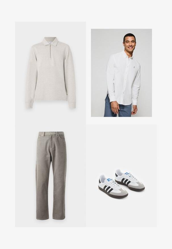 Lichtgrijze poloshirt met lange mouwen, een half-rits hals, kraagontwerp en manchetten, gemaakt van een zachte textuurstof.; Wit overhemd met lange mouwen en knopen, voorzien van een klein logo op de borst, gecombineerd met lichtblauwe broek. Gladde stof met een klassieke kraag.; Grijze corduroy broek met rechte pijpen, voorzien van een hoge tailleband, voorkoeken en een subtiele verticale ribbelstructuur.; Sportschoenen met een witte leren bovenkant, grijze suède neus en drie zwarte strepen. Bevat een blauw logo op de tong en een gestructureerde rubberen zool.