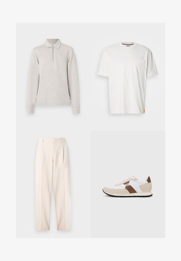 Polo shirt grigio chiaro a maniche lunghe con collo a mezza zip, design con colletto e maniche a polsino, realizzato in un morbido tessuto testurizzato.; T-shirt bianca in cotone con scollo rotondo, maniche corte e taschino sul lato sinistro del petto. Presenta un piccolo logo su un lato della cucitura.; Pantaloni beige su misura con vita alta, pieghe e design a gamba dritta. Realizzati in tessuto morbido con tasche laterali e una finitura pulita.; Sneakers con una combinazione di rete bianca e suede beige, accentuati da dettagli in pelle marrone. Punta rotonda, suola in gomma piatta e design con lacci.