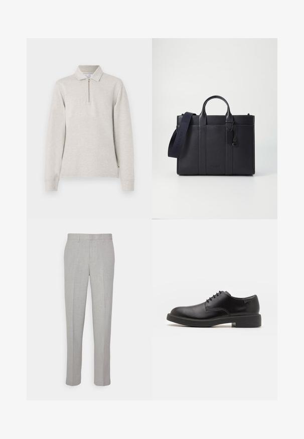 Világosszürke, hosszú ujjú póló, félig cipzáros nyakkal, galléros kialakítással és hajtókás ujjal, puha textúrájú anyagból készült.; Világosszürke nadrág, sima textúrával, lapos elülső résszel és egyenes lábakkal. Lélegző anyagból készült, belső zsebekkel és övjáratokkal ellátva.; Fekete bőrcipő, kerek orrú, sima felületű, minimális varrással és alacsony gumitalppal. Logó a sarokrészen.; Sötét tengerészkék bőr aktatáska, dupla felső fogantyúval és levehető pánttal. Texturált felülettel, függőleges varrással és logó részlettel rendelkezik.