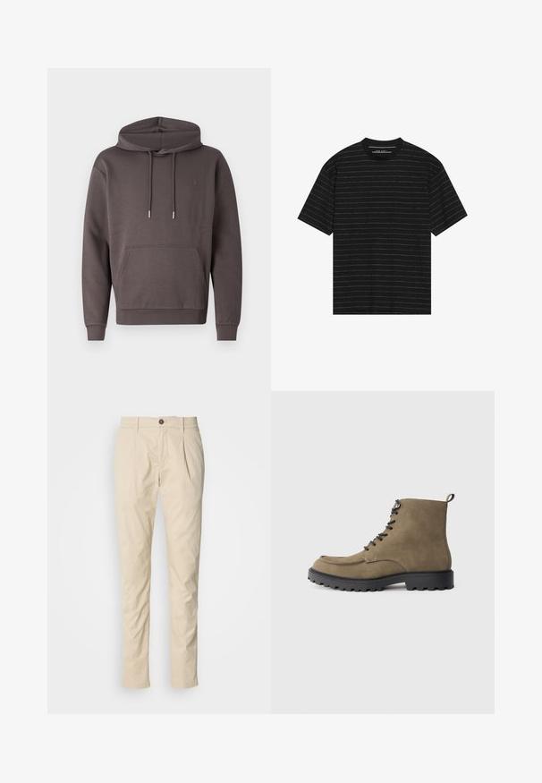 Sivá mikina s kapucňou vyrobená z jemného materiálu, s prednou klokankou, šnúrkami a rebrovanými manžetami a lemom. Na hrudi je nenápadné logo.; Čierne tričko s krátkym rukávom, ktoré má tenké biele horizontálne pruhy. Vyrobené z mäkkej tkaniny s okrúhlym výstrihom a voľným strihom.; Bežové slim-fit pánske nohavice s pútkami na opasok, gombíkovým zapínaním a prednými záhybmi, rozložené na bielom pozadí.; Hnedé semišové topánky s čiernou gumovou podrážkou, okrúhlou špičkou, šnurovaním vpredu a kontrastným prešívaním. Obsahujú slučku na päte pre jednoduché obúvanie.