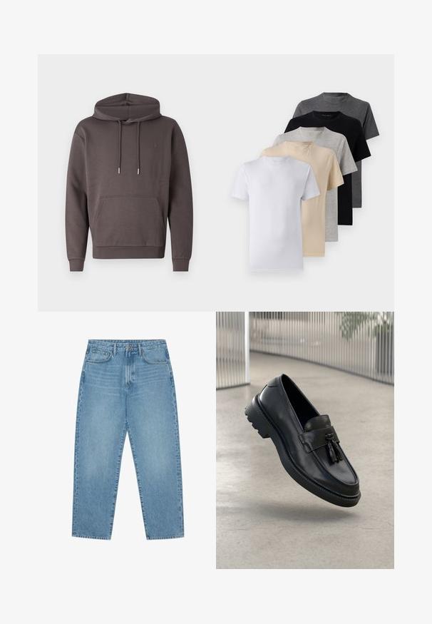 Gray hooded sweatshirt in soft fabric, featuring a front kangaroo pocket, drawstrings, and ribbed cuffs and hem. Subtle logo on chest.; Set of five short-sleeve t-shirts in white, beige, light gray, dark gray, and black. Made of smooth cotton, featuring crew neck design.; Light blue denim jeans with a straight-leg cut, five-pocket design, and a slightly faded texture. Features a button and zipper closure.; Black leather loafers with a smooth finish, decorative tassel, thick rubber sole, and stitched accents. Lightweight and sleek design.