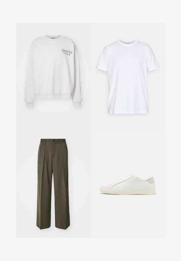 Weißer Pullover mit Rundhalsausschnitt, lockerer Passform und gerippten Bündchen. Verfügt über gestickten Text und Icons im linken Brustbereich.; Weißes Baumwoll-T-Shirt mit kurzen Ärmeln, rundem Halsausschnitt und lockerer Passform. Minimalistisches Design, ohne Muster oder Akzente.; Filippa K WIDE TROUSERS - Stoffhose - driftwood; Weiße Leder Sneakers mit glatter Oberfläche, runder Zehenform und minimalistischem Design. Mit beigen Akzenten an der Ferse und einer Gummisohle.