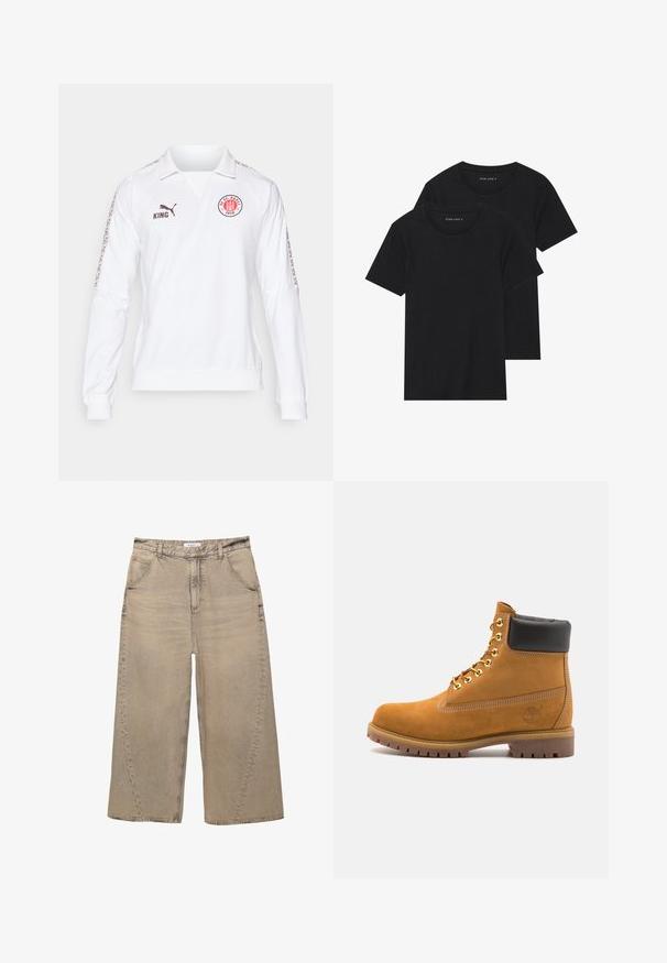 Jersery alb cu mâneci lungi și guler polo, logo și text maro, accente cu model pe mâneci și manșete ribbate.; Două tricouri negre din bumbac cu mâneci scurte, cu guler rotund și o textură netedă, expuse suprapuse.; PULL&BEAR MEGA BAGGY - Blugi largi - light grey; Cizmă de gleznă din întoarsă de culoare bej, cu guler negru căptușit, ochiuri din metal auriu, detalii de cusătură albă și talpă din cauciuc robustă, cu un model pronunțat.