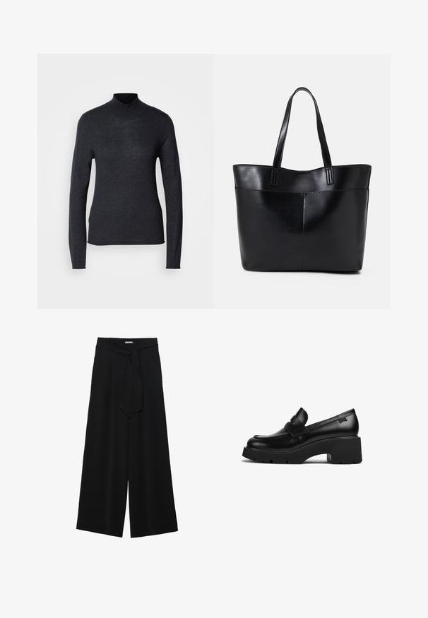 Juodas ilgas rankovėmis megztinis su aukštu kaklu, pagamintas iš minkštos, lengvos mezgimo medžiagos. Turi prigludusią formą ir raukšlėtą apykaklę, suteikiančią vienodą išvaizdą.; Juoda plačių kojų kelnės, pagamintos iš tekstūruoto audinio, su elastingu juosmeniu ir atsegamu diržu juosmenyje, leidžiančiu reguliuoti dydį.; Juodas odinis loaferis su storais kulnais, storu padu ir dirželiu per viršų, rodoma iš šono ant baltos fono.; Juoda odinė rankinė su dviem ilgais diržais, lygiu paviršiumi ir struktūrizuota forma. Yra priekinė kišenė papildomam saugojimui.