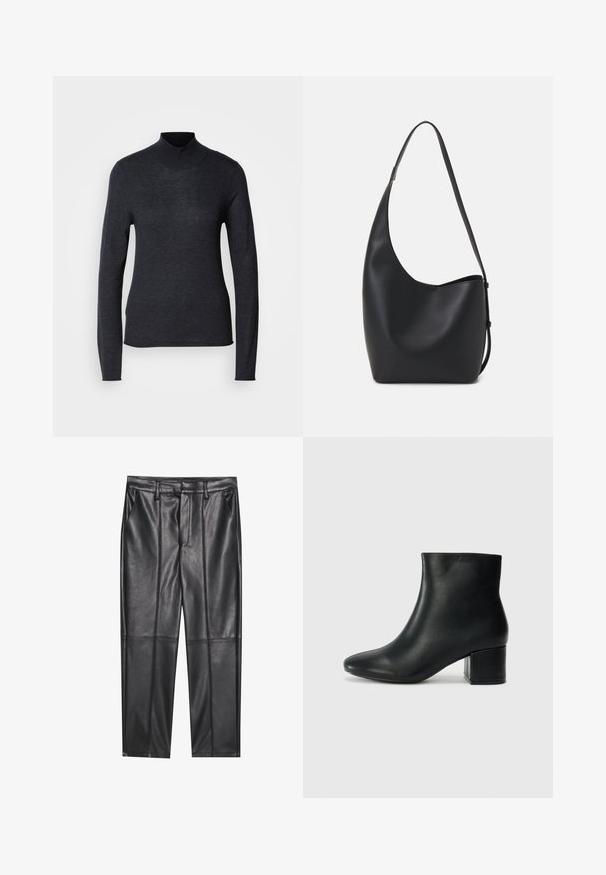 Fekete, hosszú ujjú garbós pulóver, puha, könnyű kötött anyagból. Fedezi a test vonalait, és bordázott gallérral rendelkezik, ami letisztult megjelenést kölcsönöz.; Fekete bőrnadrág sima textúrával, egyenes szabással, két elülső zsebbel és látható varrás részletekkel.; Fekete bőr bokacsizma hegyes orral és vastag sarokkal. Sima felület minimális díszítéssel és karcsú, passzos kialakítással.; Fekete bőr hobo táska sima textúrával, ívelt formával és egyetlen állítható pánttal; széles nyílás található a tetején.