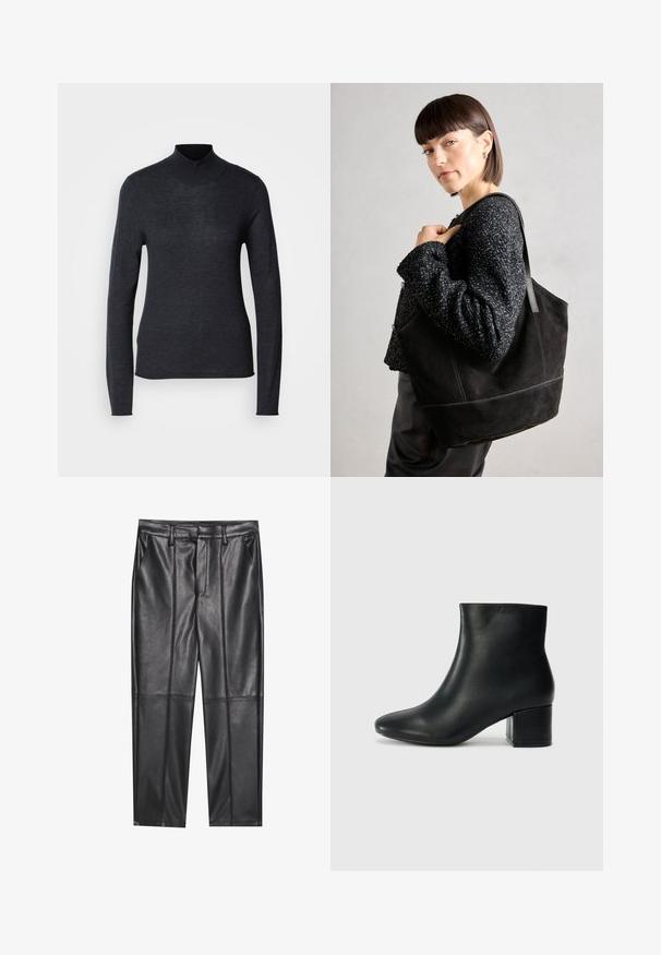 Czarny sweter z długim rękawem i golfem, wykonany z miękkiej, lekkiej dzianiny. Posiada dopasowany krój oraz prążkowany kołnierz, co zapewnia elegancki wygląd.; Czarne skórzane spodnie o gładkiej fakturze, z prostym krojem, dwoma przednimi kieszeniami i widocznymi szwami.; Czarne skórzane botki za kostkę z ostrym noskiem i masywnym obcasem. Gładka tekstura z minimalnymi akcentami i elegancki, dopasowany fason.; Czarna torba tote zamszowa o gładkiej fakturze, strukturalnym kształcie i kontrastowym przeszyciu. Posiada długie rączki do noszenia na ramieniu.