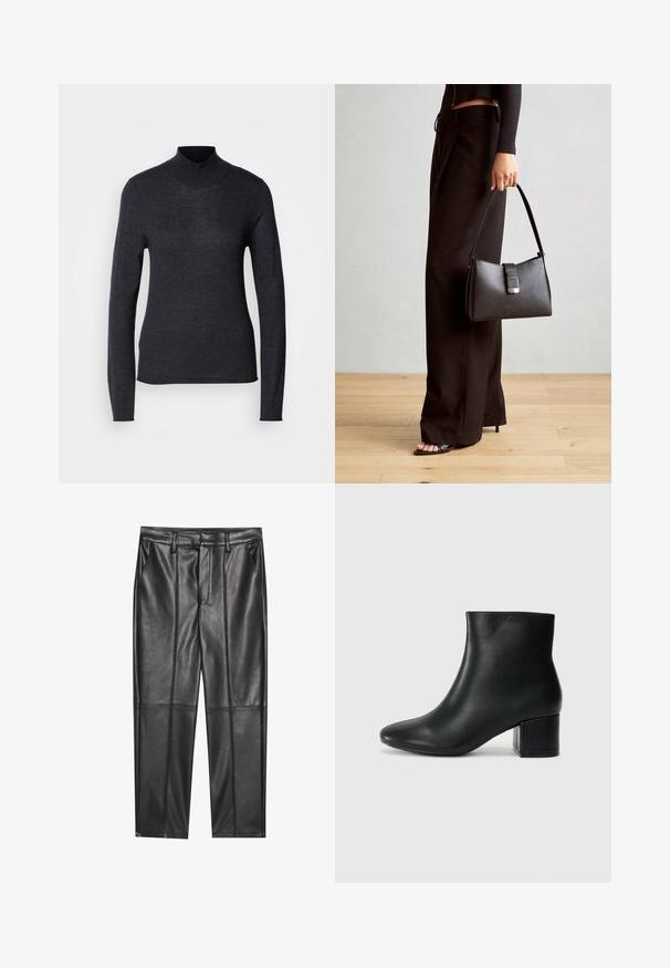 Must värvitud pikkade varrukatega turtleneck-kampsun, mis on valmistatud pehmest ja kergeist kootud kangast. Omab sobivat lõiget ja soonikpitsiga kaelust, mis tagab voolujoonelise välimuse.; Mustad nahkpüksid sileda tekstuuriga, sirge lõikega, kahe eesmine taskuga ja nähtavate õmblusteta.; Mustad nahast pahkluu saapad terava varbaga ja jämeda kandaga. Sile tekstuur minimaalse aktsentidega ja stiilne, lihvitud disain.; Must musta kott, millel on struktureeritud kuju, sile tekstuur ja metallist klamber. Kombineeritud laiate mustade pükstega ja avatud varvaste sandaalidega puidust põrandal.