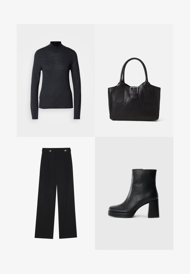 Suéter preto de manga longa com gola alta, feito de um tecido de malha leve e macio. Apresenta uma silhueta ajustada e gola canelada para um visual elegante.; Calças largas pretas com cintura alta, detalhes em botão na cintura e pregas frontais.; Bota de couro preta até ao tornozelo com salto bloco e sola com plataforma, vista de lado sobre um fundo branco liso.; Bolsa tote de couro preta com textura suave, forma estruturada, duas alças e um destaque prateado proeminente na parte da frente.