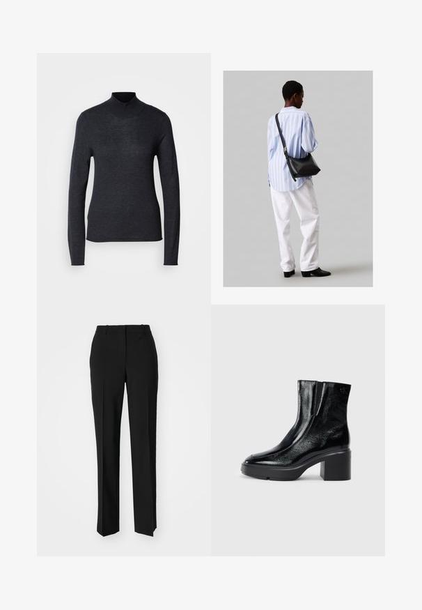 Μαύρο πουλόβερ με μακριά μανίκια και ψηλό γιακά, φτιαγμένο από μαλακό, ελαφρύ πλέγμα υφάσματος. Διαθέτει εφαρμοστή γραμμή και ριγωτό γιακά για έναν κομψό και διαχρονικό εμφάνιση.; Μαύρο παντελόνι με ραφή που έχει σχεδιασμό ίσιας γραμμής, διαθέτει λεία υφή και καθαρές πτυχώσεις κατά μήκος της μπροστινής πλευράς. Χωρίς ορατό μεταλλικό υλικό.; Μαύρες πατενταρισμένες δερμάτινες μπότες στον αστράγαλο με καμπυλωτή μύτη, ελαστικές πλαϊνές πινακίδες και χοντρό μπλοκ τακούνι. Διαθέτουν ανάγλυφο λογότυπο στο πίσω μέρος.; Μαύρη δερμάτινη τσάντα ώμου με απαλή υφή, τριγωνικό σχήμα και ρυθμιζόμενο λουρί, συνδυασμένη με ένα ανοιχτό μπλε ριγέ πουκάμισο και λευκό παντελόνι.