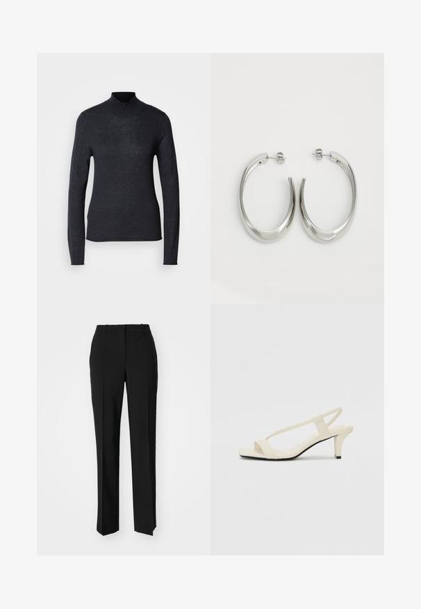 Black long-sleeve turtleneck sweater made from a soft, lightweight knit fabric. Features a fitted shape and ribbed collar for a streamlined look.; Black tailored trousers with a straight-leg design, featuring a smooth texture and crisp creases along the front. No visible hardware.; Beige block-heeled sandals with thin straps and a square toe. Smooth material with minimal detailing, designed for easy wear.; Silver hoop earrings with a smooth, curved design. Features a shiny metallic finish and stud closure. No visible patterns or accents.
