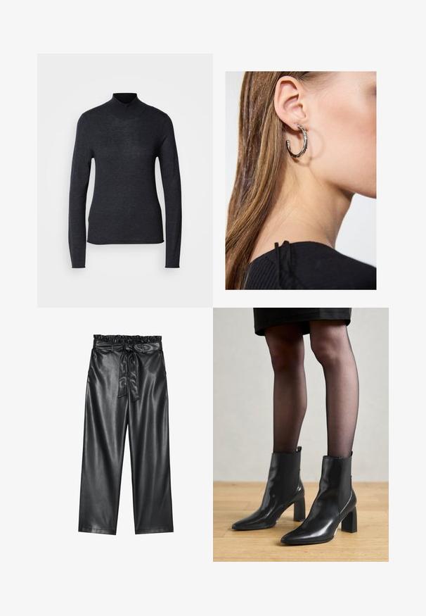 Pulover negru cu mânecă lungă și guler înalt, confecționat dintr-un material tricotat moale și ușor. Prezintă o formă ajustată și un guler ribotat pentru un aspect aerodinamic.; Pantaloni largi din piele ecologică negri, cu un talie elastică, cu volane, și un curea detasabilă. Textură netedă și luciu minim.; Botine negre din piele, cu vârful ascuțit, toc pătrat masiv și un design elegant. Au panouri laterale elastice pentru o îmbrăcare ușoară.; Cercel din argint cu un finisaj polișat, având detalii mici din aur și o formă rotundă, purtat pe lobul urechii.