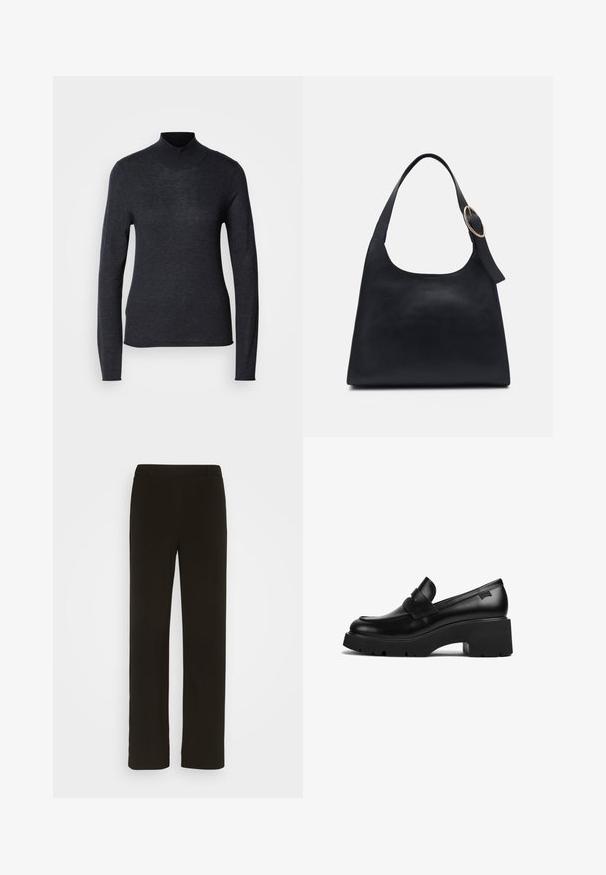 Musta pitkähihaisen poolopaita, joka on valmistettu pehmeästä ja kevyestä neuloksesta. Ominaisuuksiin kuuluu istuva muoto ja pääntiellä raidoitus, joka luo virtaviivaisen ilmeen.; Mustat, suorat housut, jotka on valmistettu kudotusta kankaasta. Housuissa on litteä etuosa, kaksi sivutaskua ja sileä pinta. Ei näkyviä kuvioita tai yksityiskohtia.; Musta nahkakengät, joissa on paksut korot ja paksu pohja, sekä nauhaysitys päällä, esitetty sivuprofiilista valkoista taustaa vasten.; Mustat nahkakassit, joissa on sileä pinta, pyöreä muoto ja yksi olkahihna, jossa on pyöreä kultainen varuste.