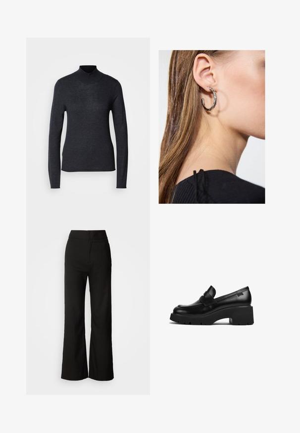 Črna dolga majica s turtleneck ovratnikom, izdelana iz mehkega, lahkega pletenega materiala. Ima oprijet kroj in rebrast ovratnik za eleganten videz.; Črne široke hlače z gladko teksturo, visokim pasom in čistim dizajnom. Brez vidnih žepov ali okrasnih elementov.; Črne usnjene molerke s debelim petom in širokim podplatom ter trakom čez zgornji del, prikazane s strani na beli podlagi.; Srebrna obročasta uhana s polirano površino, ki vključuje majhne zlate poudarke in okroglo obliko, nošena na ušesnem lobu.