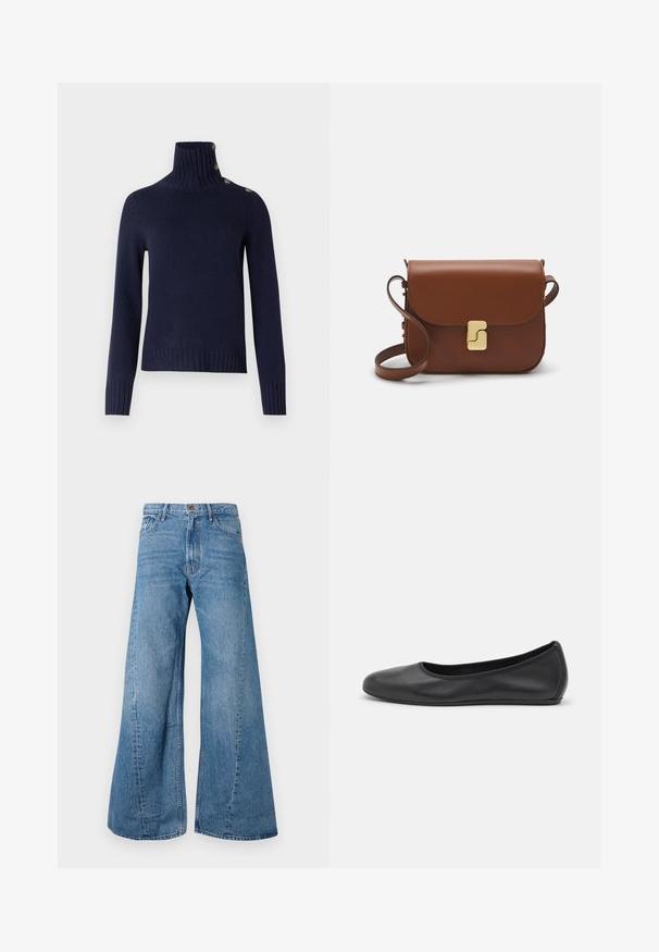 Marineblauer Strickpullover mit hohem Rippkragen, drei Knopf-Akzenten am Hals und einem strukturierten Rippensaum.; Helleblaue Jeans mit weitem Bein und hoher Taille, ausgestattet mit klassischem Fünf-Taschen-Design und leichten Verwaschungen für eine texturierte Optik.; Schwarze Leder-Ballettschuhe mit abgerundeter Spitze, glatter Textur, minimalen Nähdetails und einem flexiblen Sohlen-Design.; Braune Ledertasche mit Klappenverschluss, Beschlägen in Goldfarbe, einem Schultergurt und einer glatten Oberfläche. Kompakte rechteckige Form.