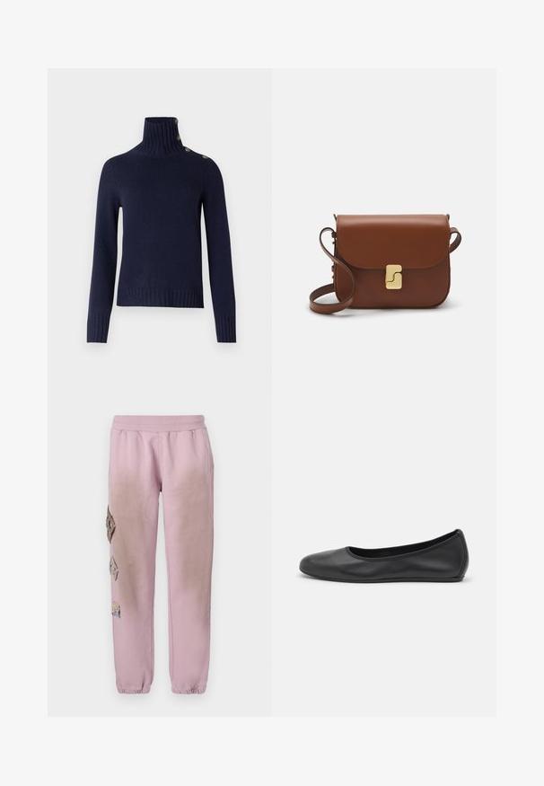 Pull en maille bleu marine avec un col haut à côtes, trois boutons décoratifs au niveau du cou, et un ourlet texturé à côtes.; Pantalon de survêtement rose avec une taille élastique, présentant des patches décoratifs en forme de diamant sur le côté gauche et des poignets élastiques aux chevilles.; Ballerines en cuir noir avec un bout rond, texture lisse, détails de couture minimalistes et design de semelle flexible.; Sac à main en cuir marron avec une fermeture à rabat, des accents en métal doré, une bandoulière et une texture lisse. Forme rectangulaire compacte.