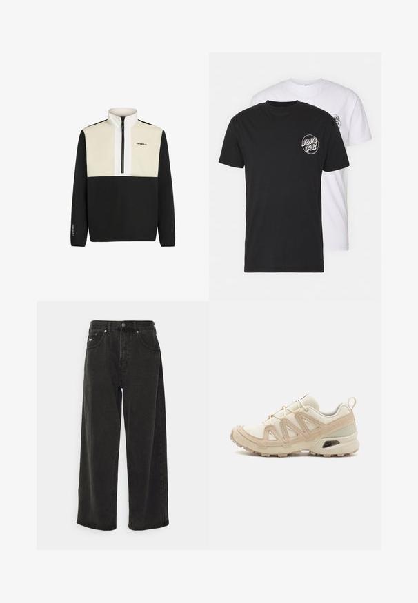 Suéter negro y crema con cremallera de un cuarto y alto cuello. Presenta un logotipo en el pecho y puños elásticos. Fabricado con tejido suave, incluye la marca Polartec.; Pack de dos camisetas: una negra y una blanca. Ambas presentan mangas cortas y un logo circular en el pecho en un color contrastante. Material de algodón.; Obey Clothing BIGWIG BAGGY - Vaqueros baggy - black; Zapatilla deportiva beige y crema con parte superior de malla texturizada, superposiciones de soporte y suela de goma con un patrón de tracción.