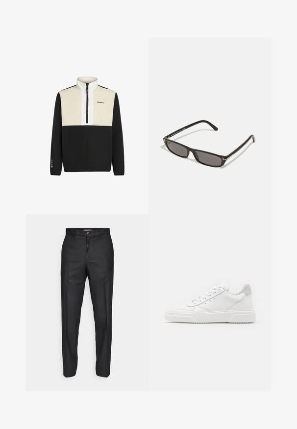 Black and cream pullover with a quarter zip and high collar. Features logo on chest and elastic cuffs. Made from soft fabric, includes Polartec branding.; Black trousers made of a smooth fabric, featuring a front button closure, straight legs, and no visible pockets or patterns.; White leather sneakers with a smooth finish, rounded toe, flat laces, and a textured sole. Grey suede accent at the heel.; Black rectangular sunglasses with dark lenses. Plastic frame with a matte finish. Gold accents on the arms and logo branding.