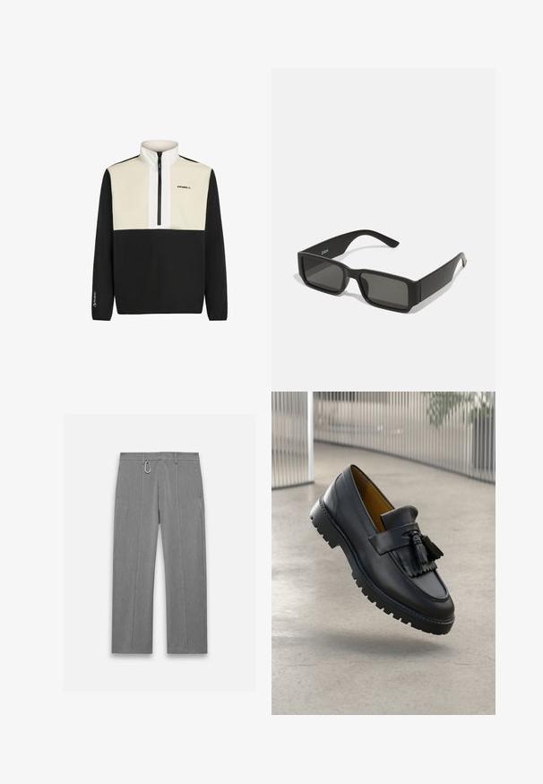 Schwarzer und cremefarbener Pullover mit einem Viertel-Reißverschluss und hohem Kragen. Mit Logo auf der Brust und elastischen Bündchen. Aus weichem Material gefertigt, mit Polartec-Logo.; Graue maßgeschneiderte Hose mit strukturiertem Finish. Verfügt über einen Reißverschluss vorne, Seitentaschen und einen silbernen Hardware-Akzent. Gerade Beinform.; Schwarzer Lederloafer mit Quastenverzierung, glatter Oberfläche und Gummisohle mit Profilrillen. Innenfutter in kontrastierendem Braun.; Schwarze Sonnenbrille mit rechteckigen Gläsern, mattem Kunststoffrahmen und geraden Kanten. Verfügt über das Markenlogo auf dem inneren Bügel.
