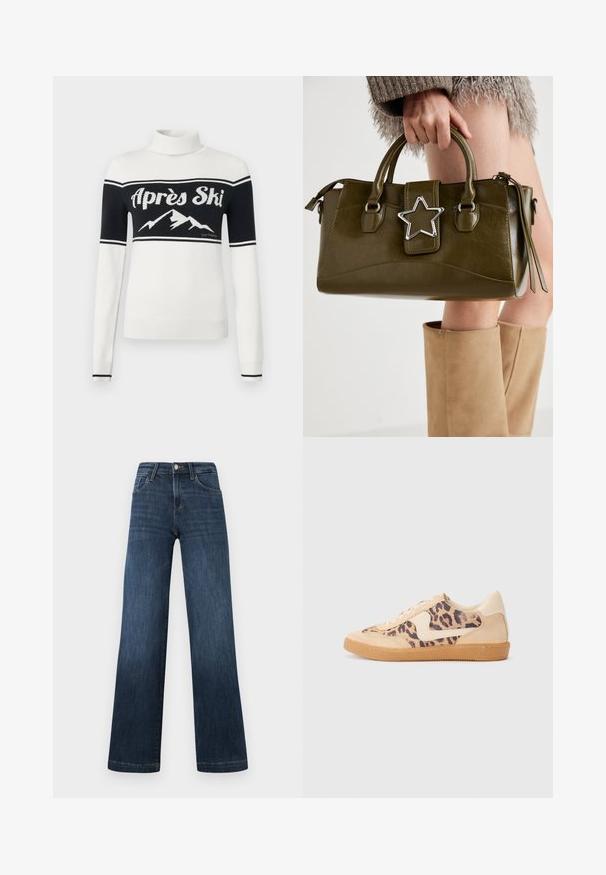 Weißer Rollkragenpullover mit schwarzem Oberteil, "Après Ski"-Schriftzug und Berggrafik auf der Brust, mit gerippten Bündchen und Saum.; Dunkelblaue Denim-Jeans im weiten Bein-Design, ausgestattet mit fünf Taschen und einer Vorderknopf-Verschluss. Glatte Textur und klassische Nähdetails.; Löwenmuster-Sneaker mit beige Wildleder-Obermaterial, tanfarbener Gummisohle und weißen Akzenten. Runde Zehenform und Schnürdesign mit strukturiertem Finish.; Olivgrünes Kunstlederhandtasche mit silbernem Sternakzent, doppelten Griffen und einem Reißverschluss. Strukturierten Form und texturierten Oberfläche.