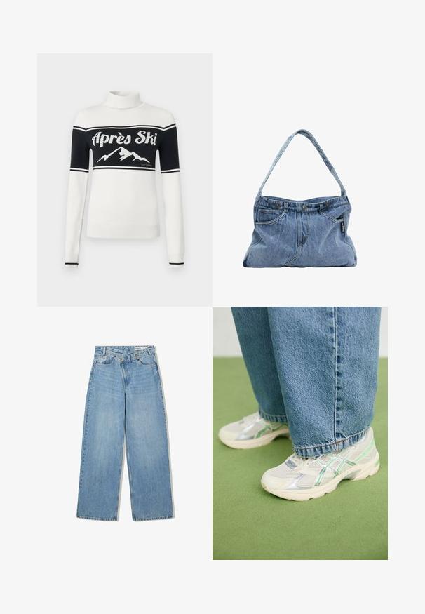 Bijeli džemper s rolkom s crnim gornjim dijelom, tekstom "Après Ski" i grafikom planine preko prsa, sa rebrastim manšetama i rubom.; Svijetloplave široke traperice od denima, s visokim strukom, pet džepova, zatvaranjem na gumb i suptilnim izbjeljivanjem za teksturu.; Bijele i srebrne mrežaste tenisice s zelenim akcentima, nosene s širokim plavim trapericama, stoje na zelenom tepihu.; Denimska torba preko ramena s zakrivljenim remenom, dva prednja džepa i gornjim djelom na dugme, s svijetlopPlavom tkaninom i kontrastnim detaljima šivanja.