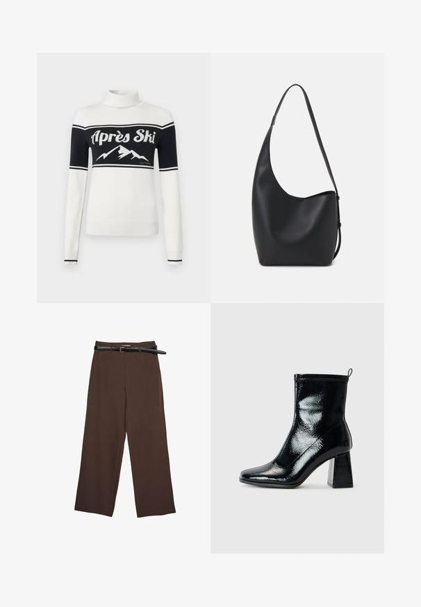 Valkoinen pooloneule, jossa musta yläosa, "Après Ski"-teksti ja vuoristokuva rinnassa, resorit kaikissa hihansuissa ja helmassa.; Ruskeat leveälahkeiset housut, joissa on sileä pinta, musta vyö ja muotoiltu vyötärö, tarjoavat rakenteellisen istuvuuden.; Mustat kiiltonahkaiset nilkkurit, joissa on neliskulmainen varvas ja massiivinen geometrinen korko. Ominaisuuksia ovat sileä, kiiltävä pinta ja takana oleva vetotappi helppoa pukemista varten.; Musta nahkainen hobo-laukku, jossa on sileä pinta, kaareva muoto ja yksi säädettävä olkahihna; sisäänkäynti on leveä ylhäältä.