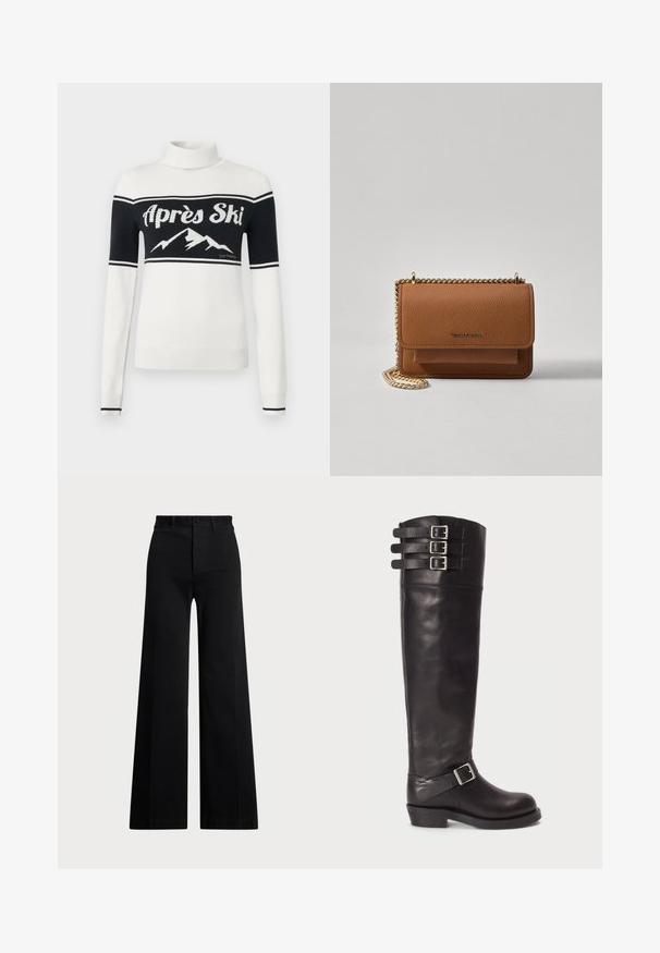 White turtleneck sweater with black upper section, "Après Ski" text, and mountain graphic across the chest, ribbed cuffs and hem.; Black wide-leg pants made of woven fabric, featuring a high waist, front button closure, and side pockets. Smooth texture with clean lines.; Black leather knee-high boot with a rounded toe, three strap buckles at the top, and a side buckle detail. Flat sole and smooth texture.; Brown textured leather crossbody bag with gold chain strap and flap closure. Front features logo detail and a pocket under the flap.