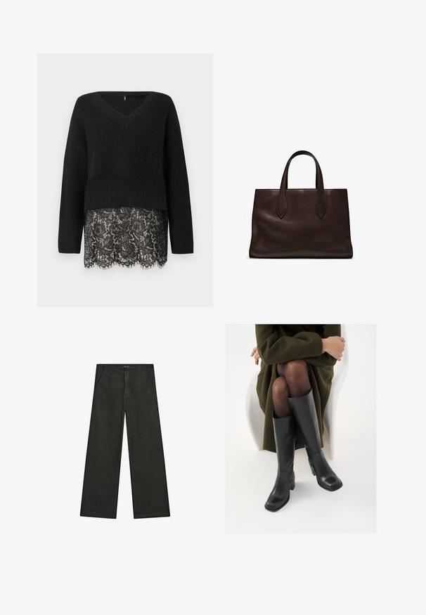 Svart stickad tröja med V-ringning, med långa ärmar och en vågig spetskant. Den texturerade tyget kontrasterar mot den släta spetserna under.; Svarta denimbyxor med vida ben, med medelhög midja, två framfickor och en ren, minimalistisk design utan synliga dekorationer.; Knähöga svarta läderstövlar med fyrkantig tå och klack i blockmodell, visade med en modell sittande i en olivgrön kappa. Slät textur, minimal detaljering.; Brun läder tote-väska med två avlånga handtag, strukturerad rektangulär form, slät textur och subtila sömdetaljer.