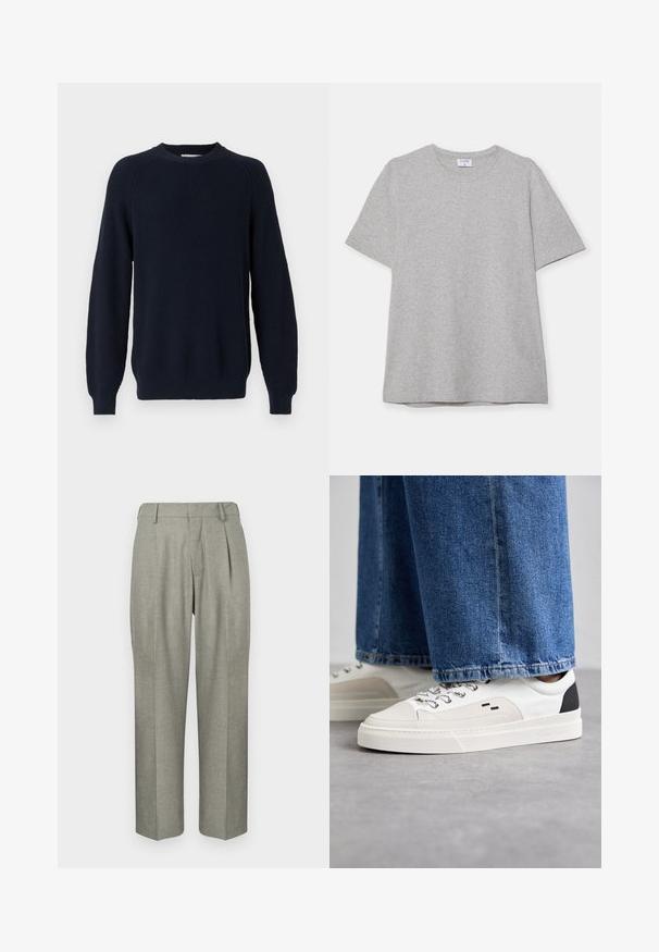 Marinefarbener Strickpullover mit strukturiertem Design, Rundhalsausschnitt und langenÄrmeln, mit gerippten Bündchen und Saum.; Graues T-Shirt mit kurzen Ärmeln aus weichem, strukturiertem Stoff. Verfügt über einen klassischen Rundhalsausschnitt und einen geraden Saum, geeignet für legere Trageanlässe.; Helle graue Hose aus einem strukturierten Stoff. Sie verfügt über ein gerade geschnittenes Design, Falten an der Vorderseite und einen flachen Bund.; Weiße und schwarze Sneaker mit einem Obermaterial aus glattem Leder, strukturierten Akzenten und einer massiven weißen Sohle. Verfügt über ein klassisches Schnürdesign.
