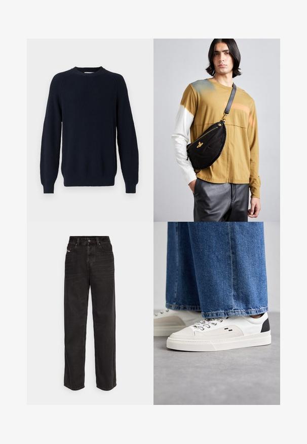 Námořnický pletený svetr s texturovaným vzorem, kulatým výstřihem a dlouhými rukávy, s ribovanými manžetami a lemem.; Černé džínové kalhoty širokého střihu s vysokým pasem, předním zapínáním na knoflík, dvěma bočními kapsami a nenápadnými švy.; Bílé a černé tenisky s hladkým koženým svrškem, texturovanými akcenty a robustní bílou podešví. Mají klasický design se šněrováním.; Vivienne Westwood CITY BUMBAG UNISEX - Ledvinka - black