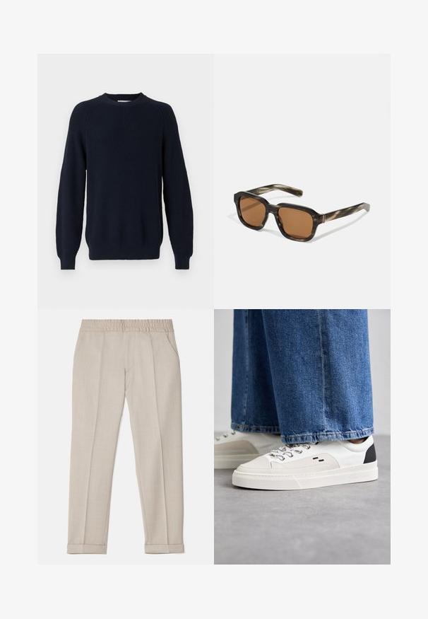 Granatowy sweter dzianinowy o teksturowanym wzorze, okrągłym dekolcie i długich rękawach, z prążkowanymi mankietami i dołem.; Filippa K TERRY szary; Białe i czarne sneakersy z gładką skórzaną cholewką, teksturowanymi akcentami oraz masywną białą podeszwą. Posiadają klasyczny system sznurowania.; Plasticzne okulary przeciwsłoneczne w wzór żółwia, o ośmiokątnych brązowych soczewkach oraz cienkich złotych akcentach na oprawie.