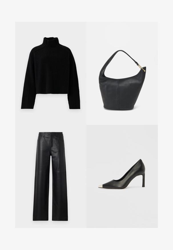 Črn rebrasti pleteni pulover z visokim ovratnikom in krajšo zasnovo, opremljen z dolgimi rokavi in teksturirano površino.; Široke črne usnjene hlače gladke teksture, s sprednjimi žepi, gumbom za zapiranje in subtilnimi detajli šivanja.; Črni usnjeni čevelj z visokim petom, s koničastim prstom in kovinsko srebrno kapico. Ima gladko površino in vitko peto višine 10 cm.; Črna usnjena torbica ovalne oblike, s širokim pasom in teksturirano površino. Ima subtilno šivano podrobnost in zlate dodatke.
