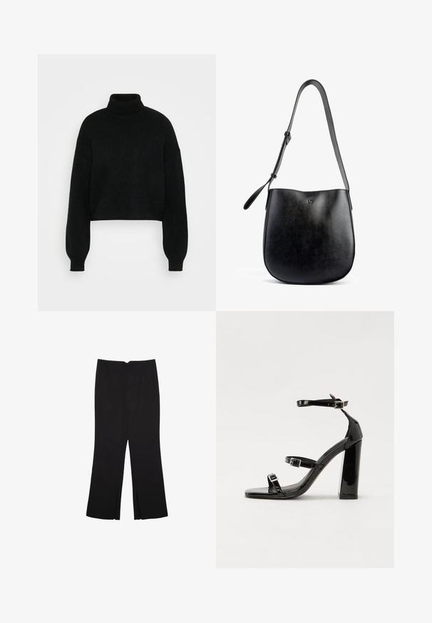 Črn skrajšan pulover z visokim ovratnikom, rebrasto teksturo in širokimi rokavi. Narejen iz mehkega pletenega materiala. Enostaven dizajn brez vzorcev.; Črne hlače ravnega kroja z naglavnimi žepi in stranskimi razporki na robu. Narejene iz mehke, gladke tkanine. Primerne za različne priložnosti.; Črne lakirane sandale s peto, kvadratnim prstom, trakovi okrog gležnja in srebrnimi zaponkami. Opremljene so s stabilno Debelo peto.; Črna usnjena torbica z gladko teksturo, ukrivljeno obliko, nastavljivim trakom in subtilnim embosiranim logotipom na sprednji strani.