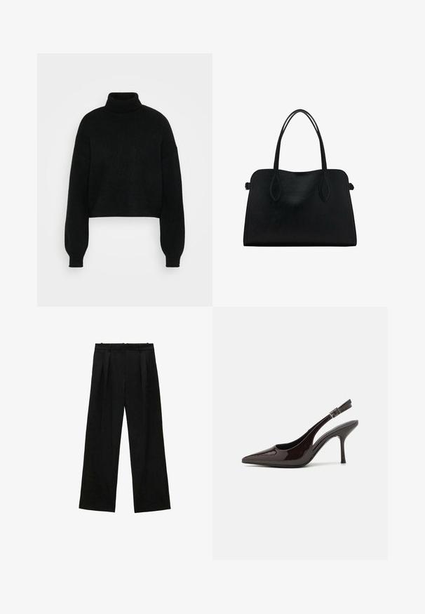 Černý zkrácený svetr s vysokým rolákem, ribovanou texturou a širokými rukávy. Vyroben z měkkého pleteného materiálu. Jednoduchý design bez vzorů.; Černé široké kalhoty s plisováním, s hladkou texturou a vysokým pasem. Minimalistický styl, žádné viditelné kovové prvky nebo ozdoby.; Slingback lodičky na vysokém podpatku z lesklé tmavě hnědé lakované kůže, s špičatou špičkou, otevřenými stranami a nastavitelným páskem kolem kotníku.; Černá kožená kabelka s dvojitými ramenními popruhy, obdélníkový tvar a minimalistický design na bílém pozadí.