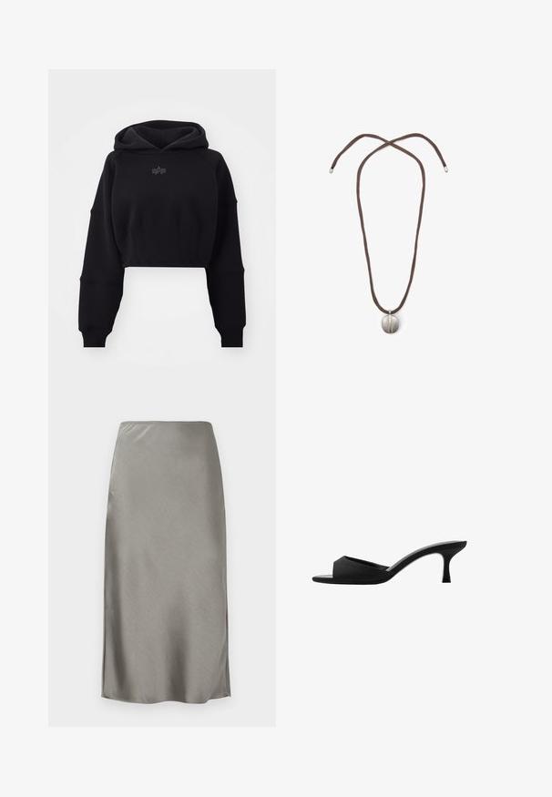 Przycięta czarna bluza z kapturem z miękkiego materiału, z prążkowanym pasem, oversize'owymi rękawami i subtelnym logo umieszczonym na środku klatki piersiowej.; Szara satynowa spódnica midi o gładkiej, jedwabistej teksturze. Delikatne boczne rozcięcia podkreślają ruch. Minimalistyczny design, dopasowana talia i prosta sylwetka.; Czarne klapki na wysokim obcasie z szerokim, otwartym noskiem i zakrzywioną cholewką. Wykonane z teksturowanej tkaniny, z wąskim obcasem i gładką podeszwą.; Naszyjnik z brązowym sznurkiem i srebrnym owalnym zawieszeniem. Zawieszenie ma gładką powierzchnię i lekkie wcięcie na środku.