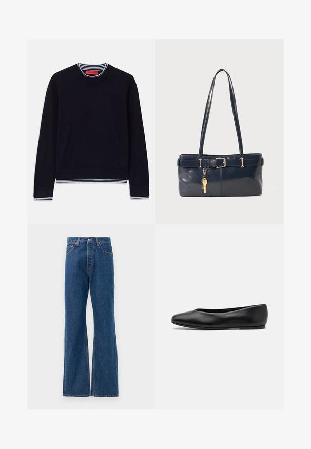 Maglione blu navy con un classico collo rotondo, polsini a righe e orlo a costine. Realizzato in tessuto morbido con una texture liscia.; Camicia a righe con base bianca, caratterizzata da linee multi-colore strette in blu, arancione e verde. Maniche lunghe e colletto classico.; Jeans a zampa d'elefante in denim blu con vita alta, dotati di cinque tasche, chiusura con bottone argentato e dettagli di cuciture in evidenza.; Paul Smith TOPANGA - Ballerine - black; Borsa a mano in pelle blu con due manici lunghi, un dettaglio con fibbia e un portachiavi attaccato. Presenta una texture liscia e una forma rettangolare.