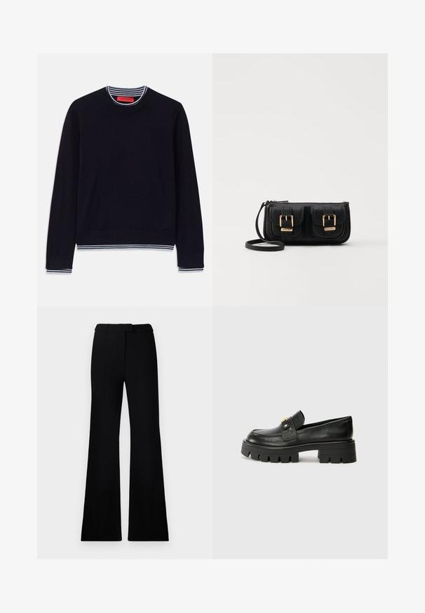 Tengerészkék pulóver klasszikus kerek nyakkal, csíkozott bordázott mandzsettákkal és szegéllyel. Puha anyagból készült, sima textúrával.; Fekete, harangszárú nadrág sima textúrával, precíziós derékrésszel és elülső zsebekkel, amely egy sima, modern sziluettet tervez.; Fekete bőr loaferek masszív talppal, elöl arany színű díszítéssel és sima felülettel. A talpon vastag mintázat található.; Fekete bőr keresztbody táska két elülső zsebbel, arany csattokkal, cipzáras záródással és vékony pánttal. Textúrált felület és kompakt téglalap alak.