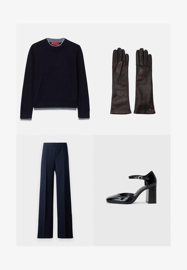 Marineblå genser med klassisk rund hals, stripete ribbede mansjetter og nederkant. Laget av mykt stoff med en glatt tekstur.; Bredde ben bukser i mørk marineblått stoff, med en glattere tekstur, subtile frontbretter og en tettsittende livlinje for en strømlinjeformet silhuett.; Sorte lakk lær høye hæler med firkantet tå, ankelrem og chunky hæl. Inkluderer perforerte detaljer langs kanten.; Weekend Max Mara SENAPE - Hansker - nero