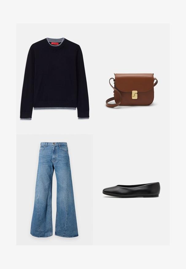 Mornarsko modra pulover z klasikapolkroglo ovratnikom, prugastimi rebrastimi manšetami in robom. Narejen iz mehkega blaga z gladko teksturo.; Široke modre jeans hlače s visokim pasom, s klasičnim petimi žepi in rahlim blejenjem za dodatek teksture.; Paul Smith TOPANGA - Balerinke - black; Rjava usnjena torbica s poklopcem, zlato obarvani okovi, naramnica in gladka tekstura. Kompaktna pravokotna oblika.