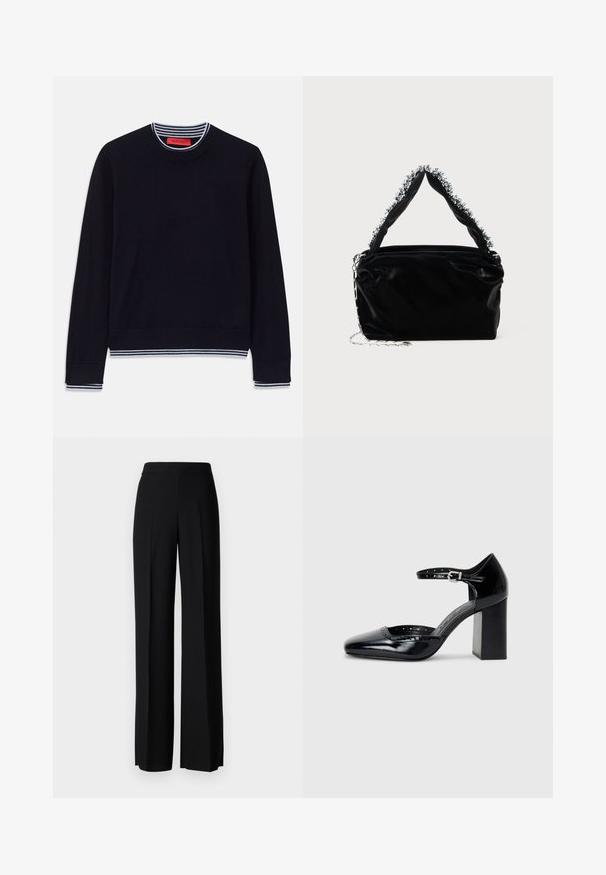 Tengerészkék pulóver klasszikus kerek nyakkal, csíkozott bordázott mandzsettákkal és szegéllyel. Puha anyagból készült, sima textúrával.; Fekete, széles szárú nadrág sima tapintással, magas derékkal és középen pliszével. Nincsenek látható minták vagy fém részletek.; Fekete patent bőr, magas sarkú cipők négyzetes orral, bokapánttal és vastag sarkal. A szélén lyukacsos díszítéssel.; Fekete műbőr kézitáska texturált felülettel, amelyen gyöngyökkel díszített ezüstszínű kiegészítő található a felső fogantyún, valamint láncos pánt.