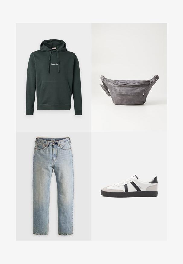Temno zelena kapuca iz mešanice bombaža, z značilno sprednjo žep in vezalkami. Vključuje belo vezeno besedilo na prsih.; Svetlo modri džins hlače z visokim pasom, sprednjim gumbom, zadrgo in petimi žepi, laid flat na nevtralni podlagi.; Bela športna obutev z črnimi in sivo akcenti, z teksturirano sivo kapico za prste, črnim gumijastim podplatom in ravnimi belimi vezalkami. Čista zasnova, minimalistični slog.; Sivkasta zamšasta torbica s okroglo obliko, dvema žepoma na zadrgo in nastavljivim trakom. Ima kovinske dodatke.