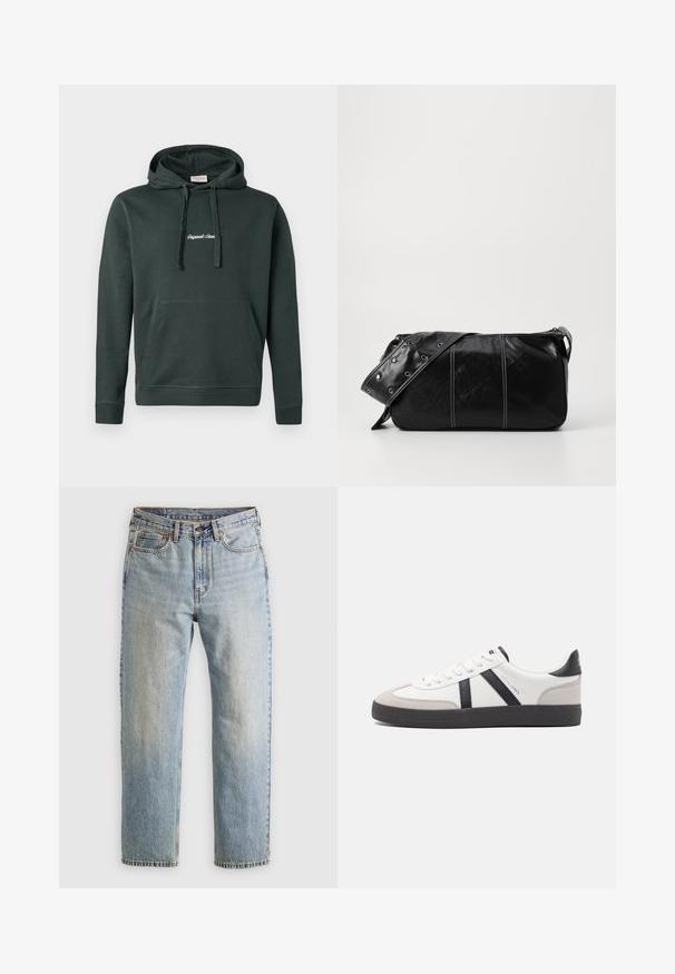 Tamnozeleni dukserica od mješavine pamuka, s prednjim džepom i vezicama. Sadrži bijeli izvezeni tekst na prsima.; Svijetloplave traperice visoki struk, prednji gumb, zatvarač i dizajn s pet džepova, položene ravno na neutralnoj pozadini.; Bijele tenisice s crnim i sivim detaljima, s teksturiranim sivim zaštitnikom prstiju, crnim gumene potplate i ravnim bijelim vezicama. Čist dizajn, minimalistički stil.; Crna kožna torba preko ramena s zatvaranjem na patentni zatvarač, s teksturiranim tijelom, bijelim šavovima i remenom sa srebrnim okovima.