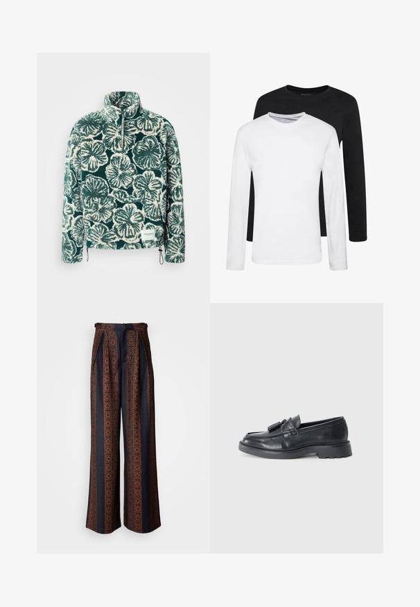 Pullover in fleece di colore teal con motivo floreale bianco, design con zip al collo e orlo regolabile. Presenta un tessuto testurizzato e un'etichetta con logo.; Due camicie a manica lunga, una nera e una bianca, realizzate in cotone con scollo rotondo e una texture liscia, esposte in un disposizione impilata.; Pantaloni a gamba larga in tessuto blu scuro con un intricato motivo geometrico arancione, con vita aderente e pieghefrontali.; Mocassini in pelle nera con punta arrotondata, una fascia con nappine e una suola spessa con motivo a trazione. Texture liscia e design classico.